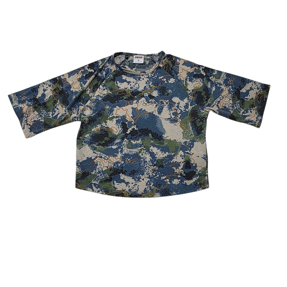 Gymshark Geo Seamless T-Shirt Womens Medium Blue Green Camo Cropped Raglan
